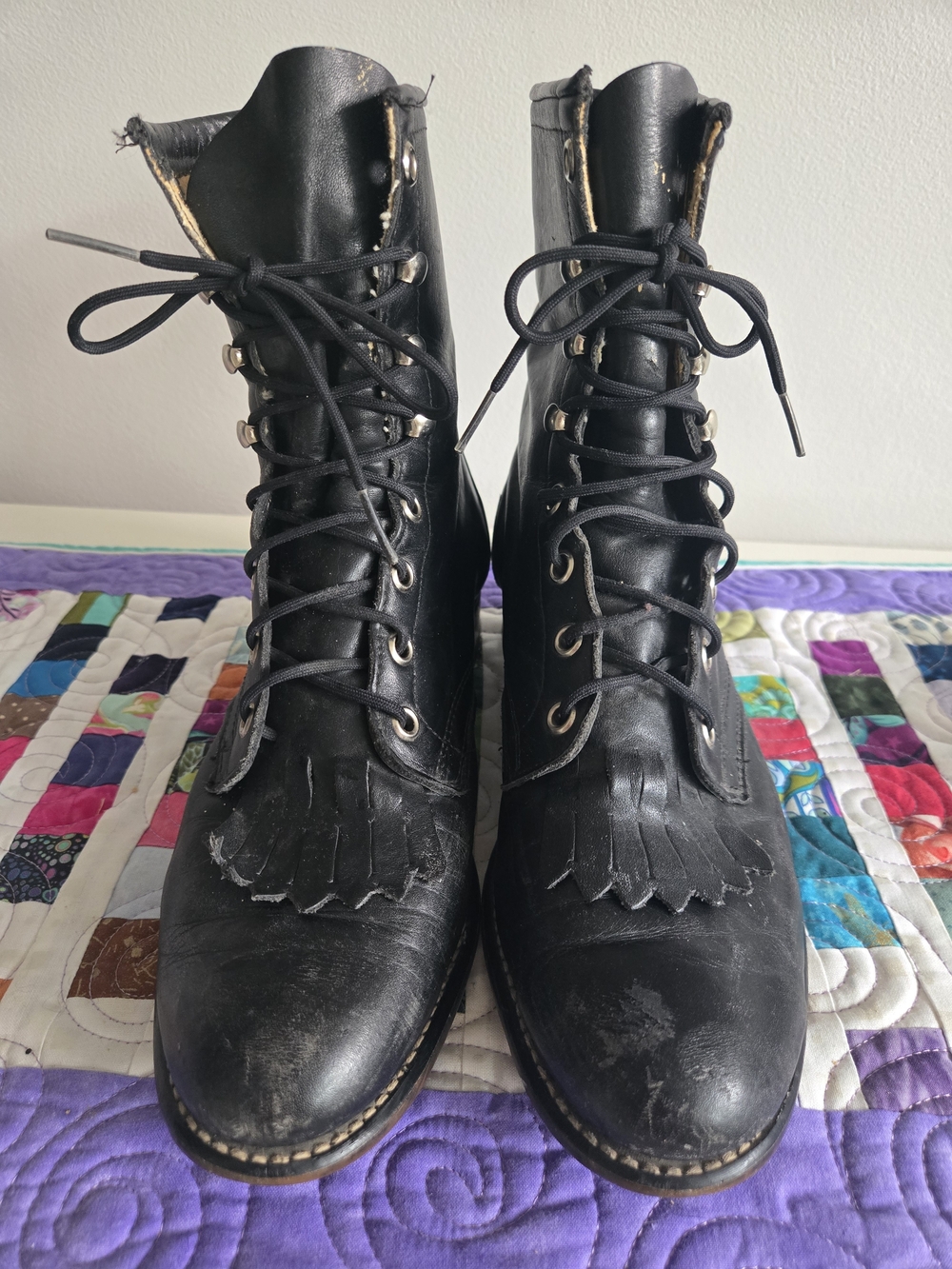 Black Lace-Up Kiltie Fringe Ankle Boots